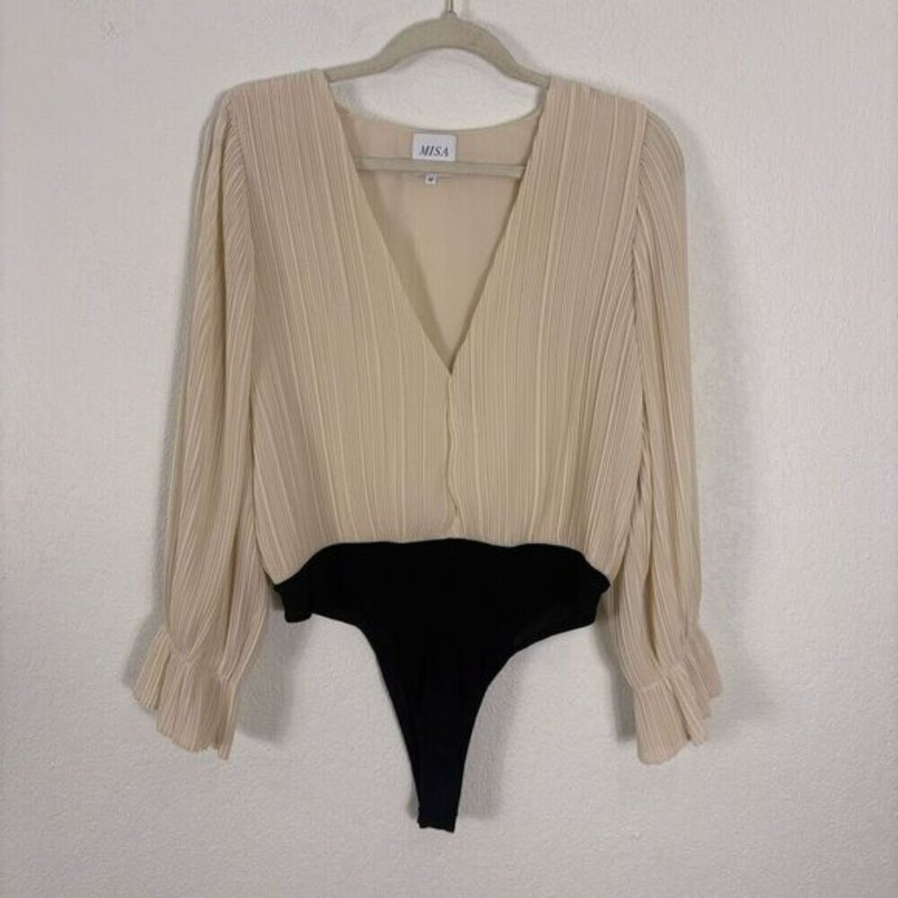 MISA Rana Thong Bodysuit H260 Cream V Neck Long Sleeve Size Medium New without T